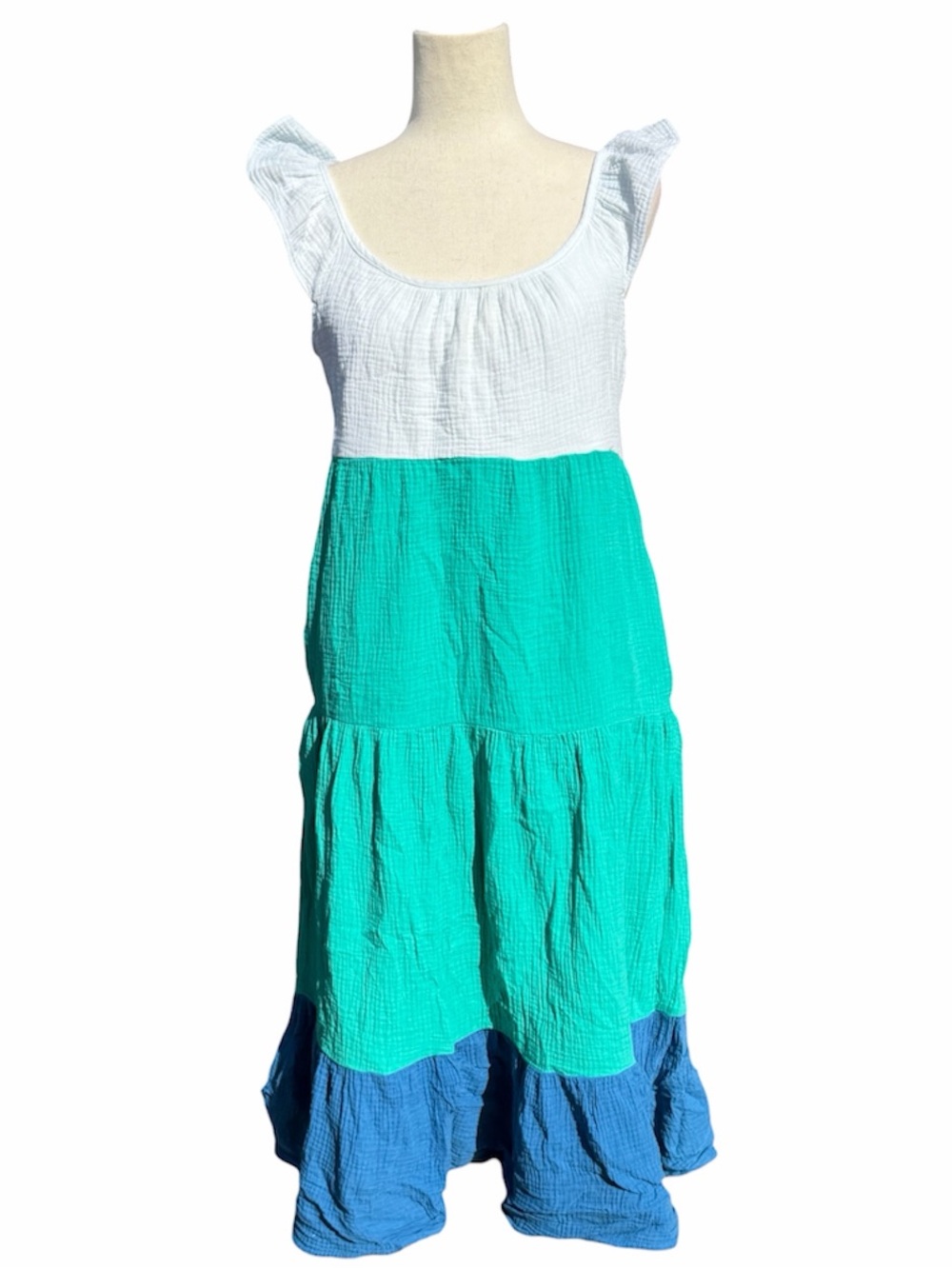 Vernacular 100% cotton Colorblock Midi Maxi Sundress in White, Teal & Blue S